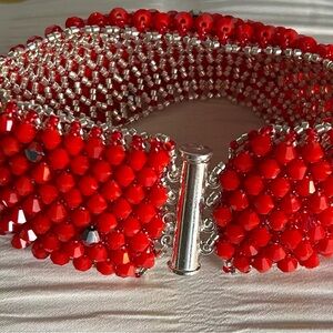 Vibrant Red and Silver Beaded Bracelet with Glossy Finish